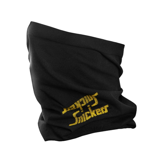 A black multifunctional headwear with the 'Snickers' brand logo in yellow.