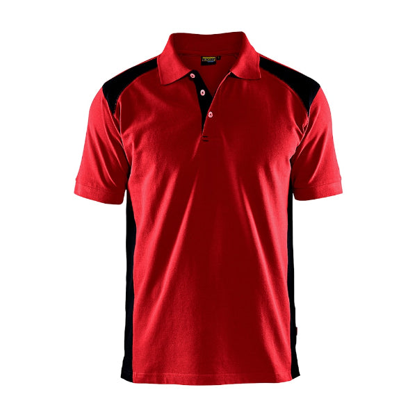 A red and black Blaklader polo shirt with a ribbed collar and short sleeves.