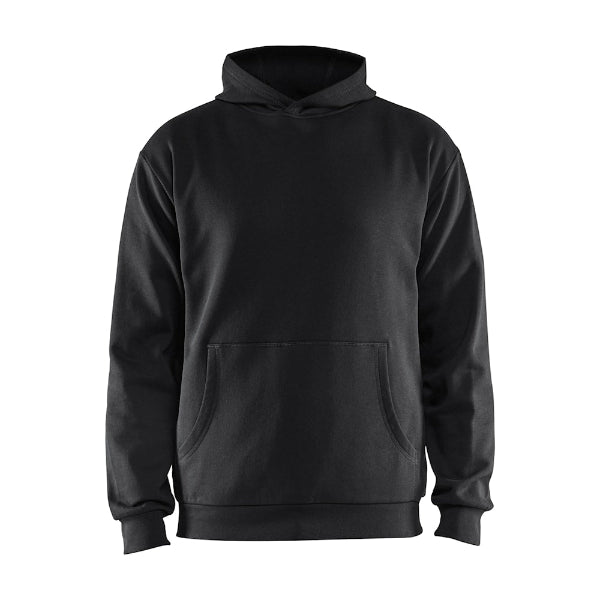 A black Blaklader 3586 hoodie with a hood and front kangaroo pocket.