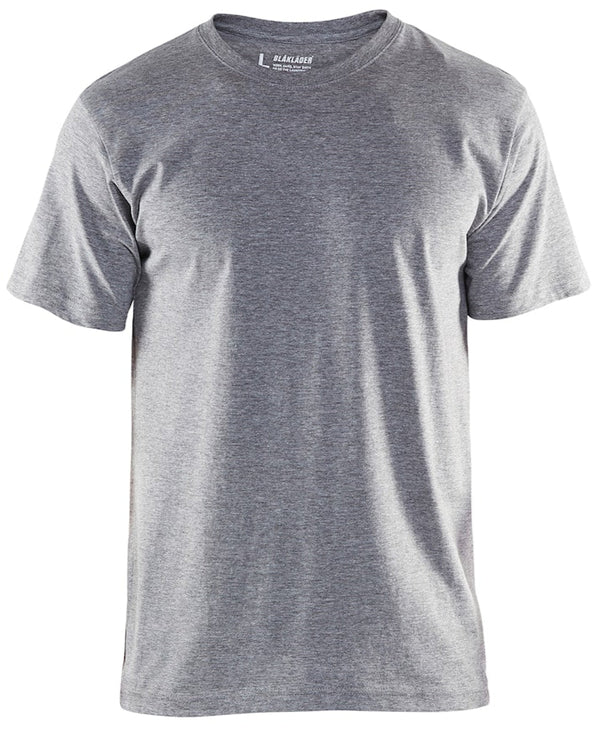 Blaklader Cotton T-Shirt 3525: A cosy, useful T-shirt in 100% cotton. Front profile view. Grey Melange. The T-shirt has a rib knit neck and reinforced seams at the neck and shoulders
