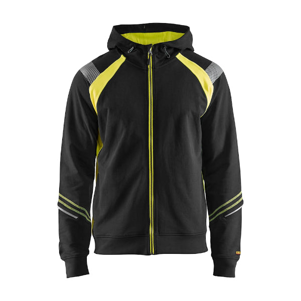 A black and yellow Blaklader 3433 hoodie with full zip, featuring high visibility reflective details, hem on the bottom and on the sleeves, and an inner phone pocket.