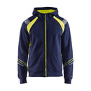 Navy blue Blaklader Workwear hoodie with yellow accents on a white background.