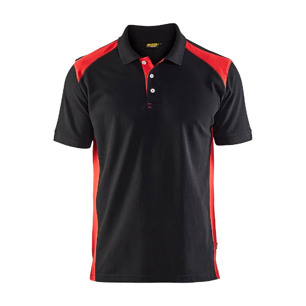 A short-sleeved Blaklader polo shirt in black with red accents, featuring a ribbed collar and reinforced neck and shoulder seams.