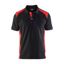 A short-sleeved Blaklader polo shirt in black with red accents, featuring a ribbed collar and reinforced neck and shoulder seams.