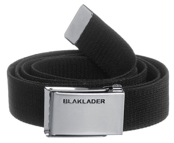 A black stretch belt with a brushed steel buckle, branded with 'BLAKLADER' on the buckle.