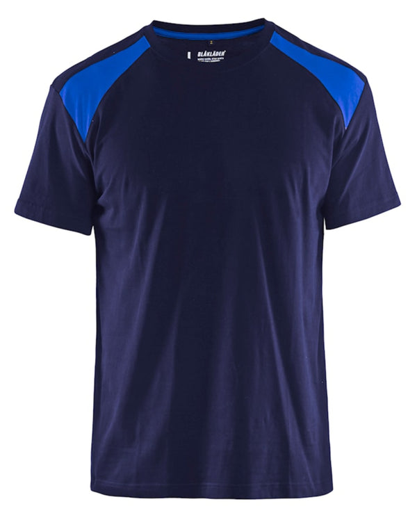 Enhance your workwear with the Blaklader T-Shirt 3379. Navy and Cpornflower Blue in Colour. Front Profile. Get yours at Kustom Workwear.