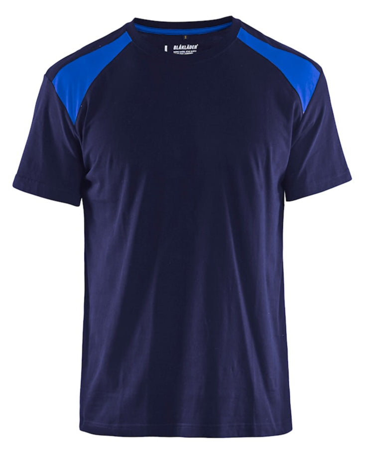 Enhance your workwear with the Blaklader T-Shirt 3379. Navy and Cpornflower Blue in Colour. Front Profile. Get yours at Kustom Workwear.