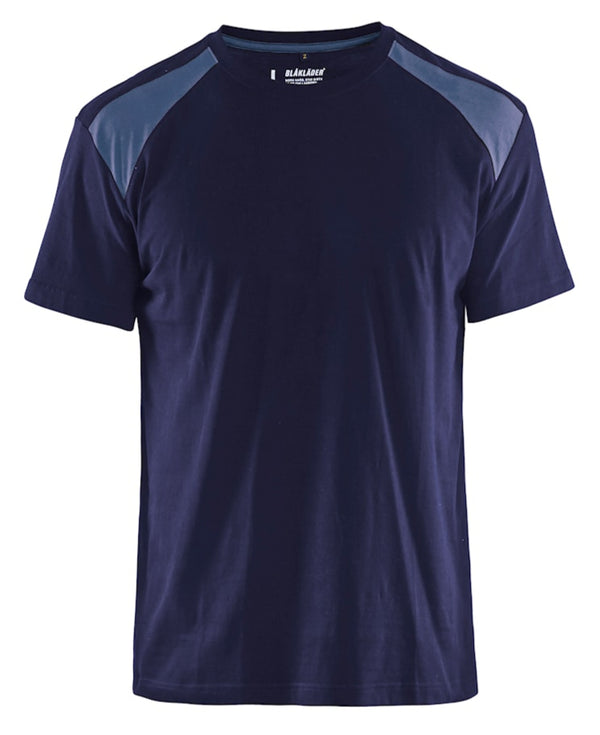 Enhance your workwear with the Blaklader T-Shirt 3379. Navy blue and grey in colour. Front profile view of t-shirt. Shop Blaklader at Kustom Workwear.
