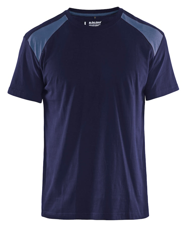 Enhance your workwear with the Blaklader T-Shirt 3379. Navy blue and grey in colour. Front profile view of t-shirt. Shop Blaklader at Kustom Workwear.
