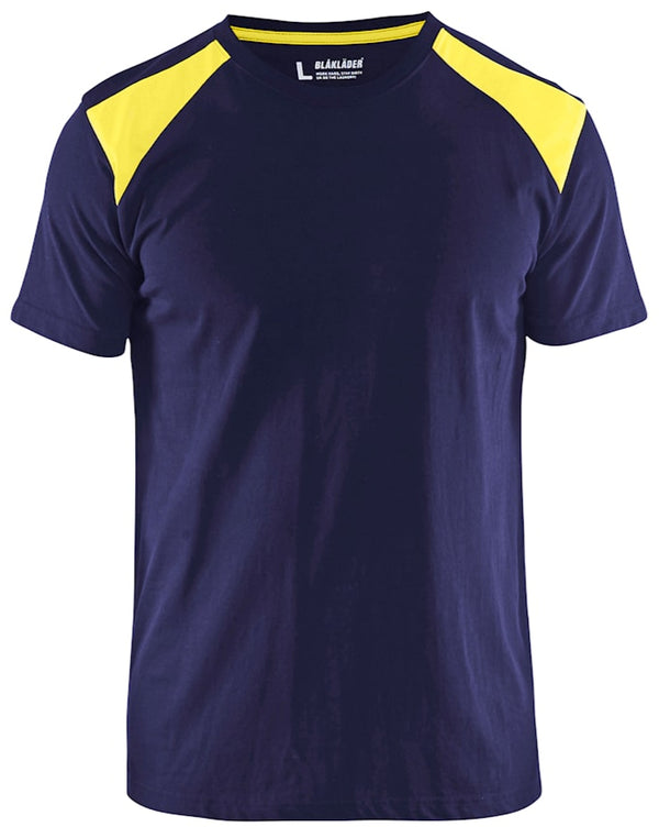 Enhance your workwear with the Blaklader T-Shirt 3379 in Navy Blue. This durable and breathable two-tone tee is designed for professionals who demand both comfort and style on the job. Built to last with reinforced neck and shoulder seams, and yoke over the shoulders.