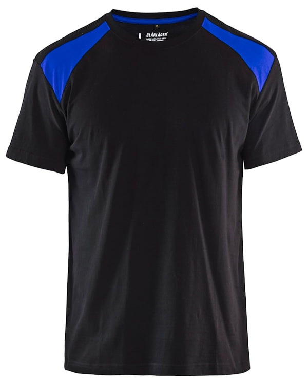 Blaklader T-Shirt 3379. Kustom Workwear. Front profile view. Black and Blue in cornflower blue in colour.