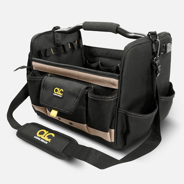 A black soft-sided tool box with multiple pockets and a sturdy bar handle with foam grip. It also includes an electrical tape strap and a padded shoulder strap.