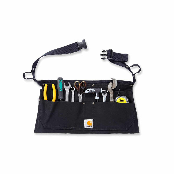 A black Carhartt duck tool pocket belt with multiple pockets filled with tools, such as nails, screws, and small hand tools, and a strap for wearing.