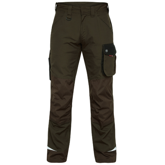 Engel workwear galaxy work trousers in forest green and black with multiple pockets and reinforced knee pads. Engel Galaxy Work Trousers available at Kustom Workwear.