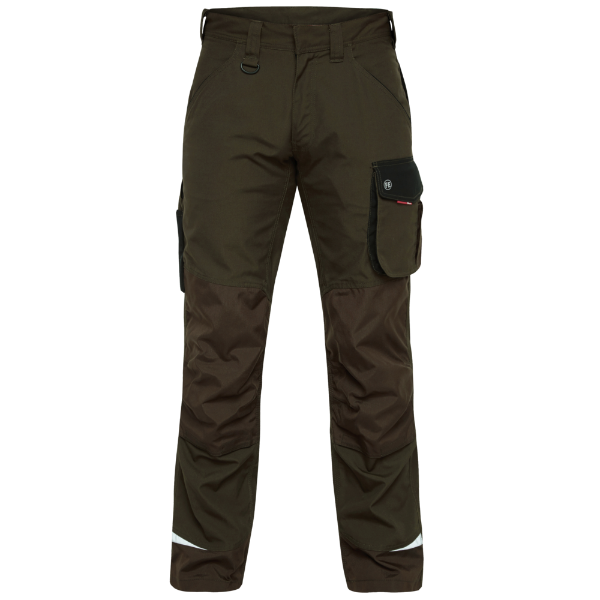 Engel workwear galaxy work trousers in forest green and black with multiple pockets and reinforced knee pads. Engel Galaxy Work Trousers available at Kustom Workwear.