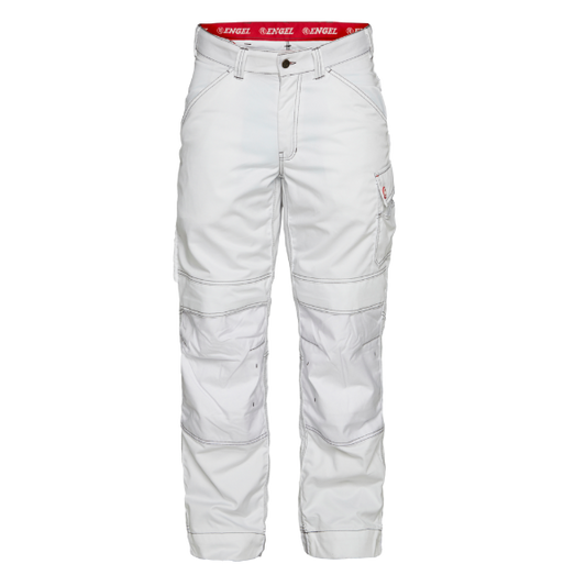 A pair of white Engel combat trousers with visible pockets and reinforced knee pads, designed for workwear.