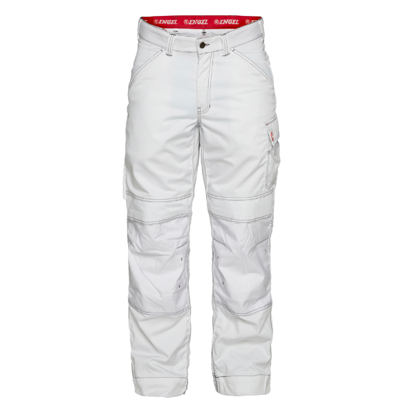 A pair of white Engel combat trousers with visible pockets and reinforced knee pads, designed for workwear.