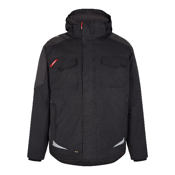 Black Engel Galaxy Winter jacket with red accents on a white background.