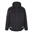 Black Engel Galaxy Winter jacket with red accents on a white background.