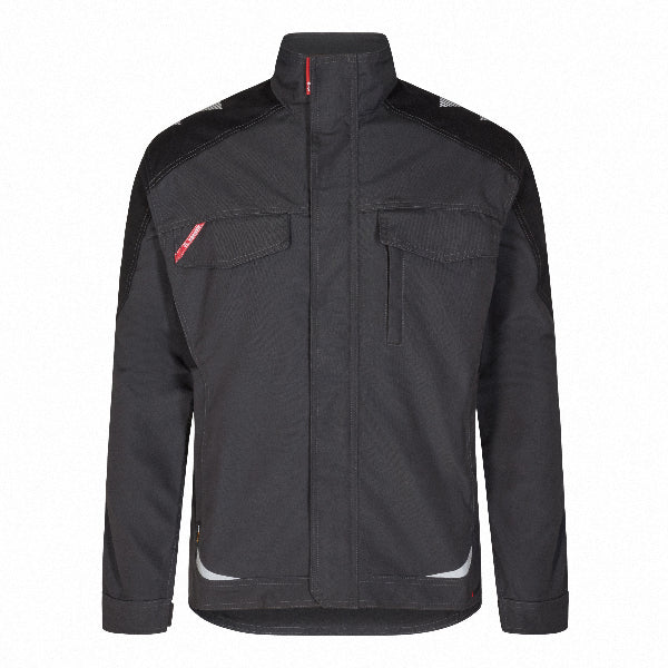 Grey Engel workwear jacket with red accents on a white background
