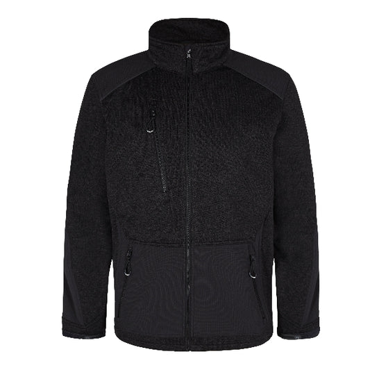 A black Engel knitted jacket with a high collar, front zip, and side pockets, featuring adjustable cuffs and reinforcement in easily damaged areas.