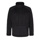 A black Engel knitted jacket with a high collar, front zip, and side pockets, featuring adjustable cuffs and reinforcement in easily damaged areas.