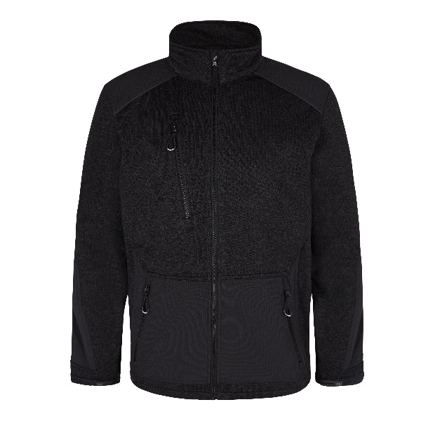 A black Engel knitted jacket with a high collar, front zip, and side pockets, featuring adjustable cuffs and reinforcement in easily damaged areas.
