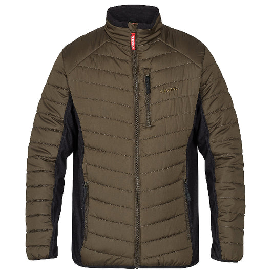 A quilted brown Engel jacket with a front zipper, black detailing on the zipper, and an elasticated hem and cuffs. It features two spacious cross pockets and a chest pocket, all with zippers.