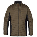 A quilted brown Engel jacket with a front zipper, black detailing on the zipper, and an elasticated hem and cuffs. It features two spacious cross pockets and a chest pocket, all with zippers.