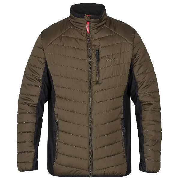 A quilted brown Engel jacket with a front zipper, black detailing on the zipper, and an elasticated hem and cuffs. It features two spacious cross pockets and a chest pocket, all with zippers.