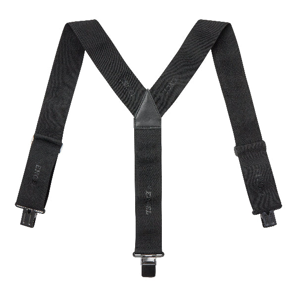 Black elastic suspenders with strong clips for fastening and wide straps for comfort, featuring logo embossing.