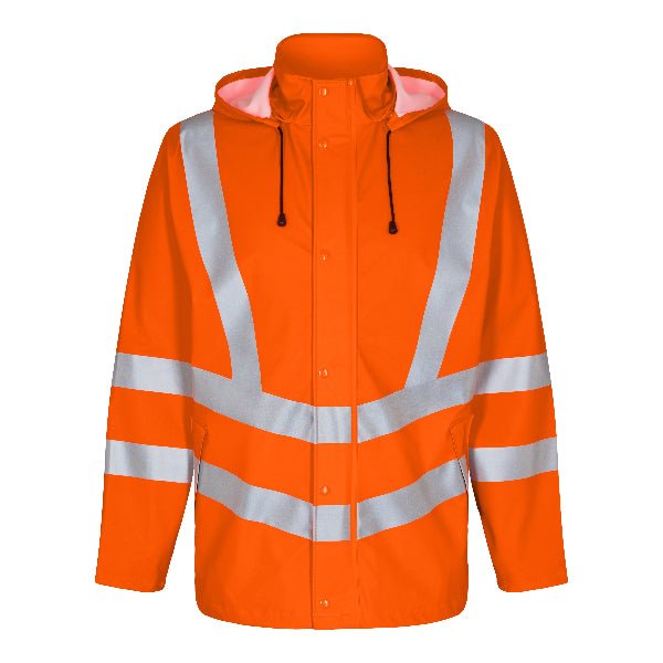 An orange hi-vis Engel Workwear safety rainwear jacket with a hood, featuring reflective stripes, zipper and button fastening, and detachable cuffs.