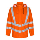 An orange hi-vis Engel Workwear safety rainwear jacket with a hood, featuring reflective stripes, zipper and button fastening, and detachable cuffs.