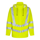 A hi-vis yellow, Engel Workwear safety rainwear jacket with a hood, featuring reflective stripes, zipper and button fastening, and detachable cuffs.