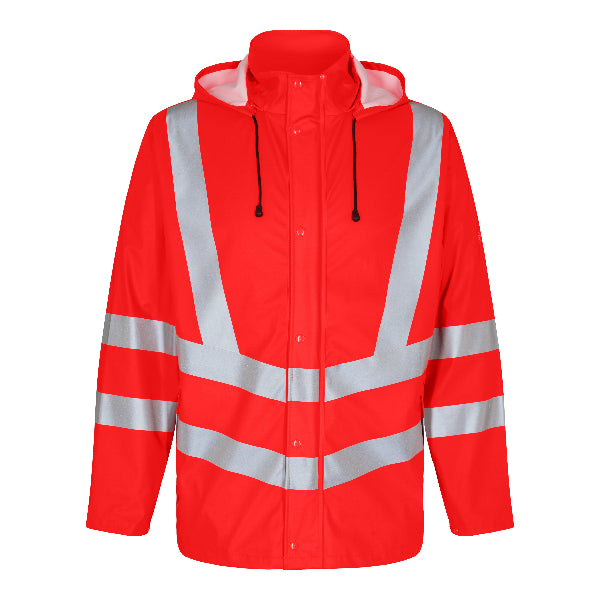 A red hi-vis Engel Workwear safety rainwear jacket with a hood, featuring reflective stripes, zipper and button fastening, and detachable cuffs.