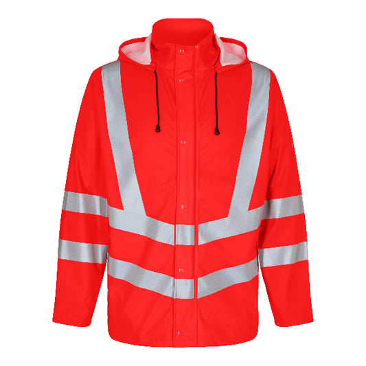 A red hi-vis Engel Workwear safety rainwear jacket with a hood, featuring reflective stripes, zipper and button fastening, and detachable cuffs.