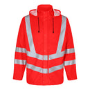 A red hi-vis Engel Workwear safety rainwear jacket with a hood, featuring reflective stripes, zipper and button fastening, and detachable cuffs.