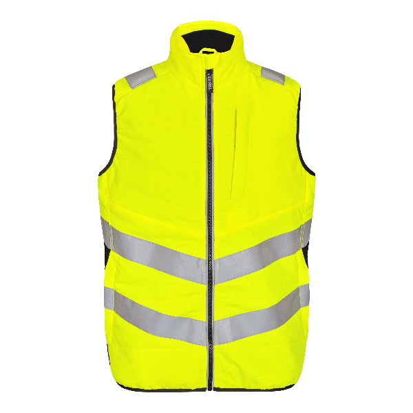 Yellow safety vest with reflective stripes on a white background.