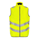 Yellow safety vest with reflective stripes on a white background.