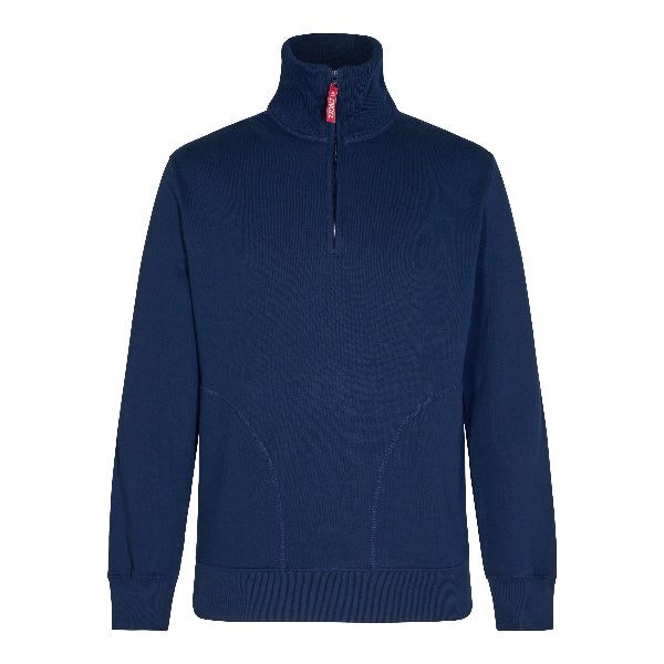 Navy blue sweater with a quarter zip on a white background.