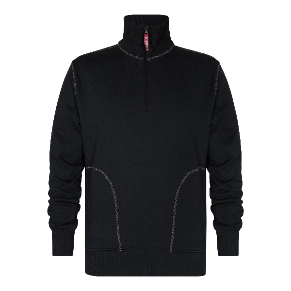 Black half-zip sweatshirt on a white background.