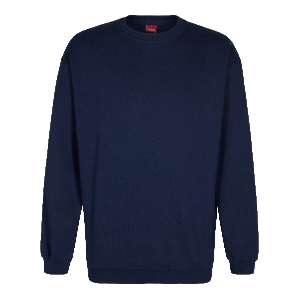 A navy blue long-sleeved crew neck sweatshirt with ribbed detailing at the neck, bottom, and cuffs.