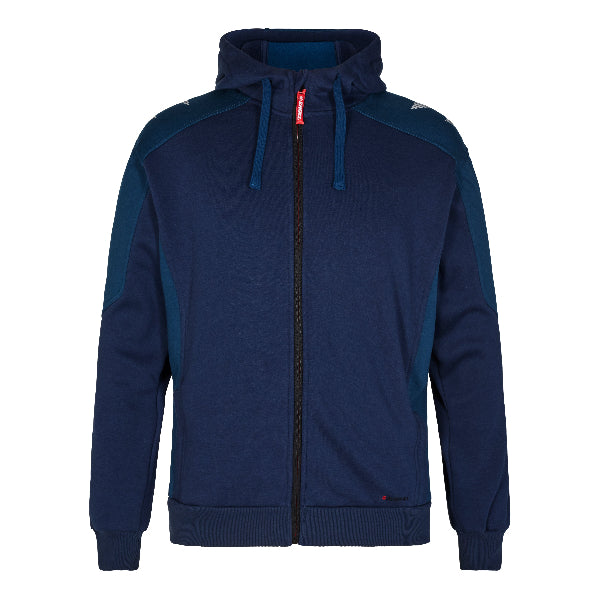 Navy blue hoodie with a red zipper pull on a white background.