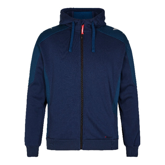 Navy blue hoodie with a red zipper pull on a white background.