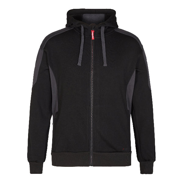 Black hoodie with gray accents on a white background.