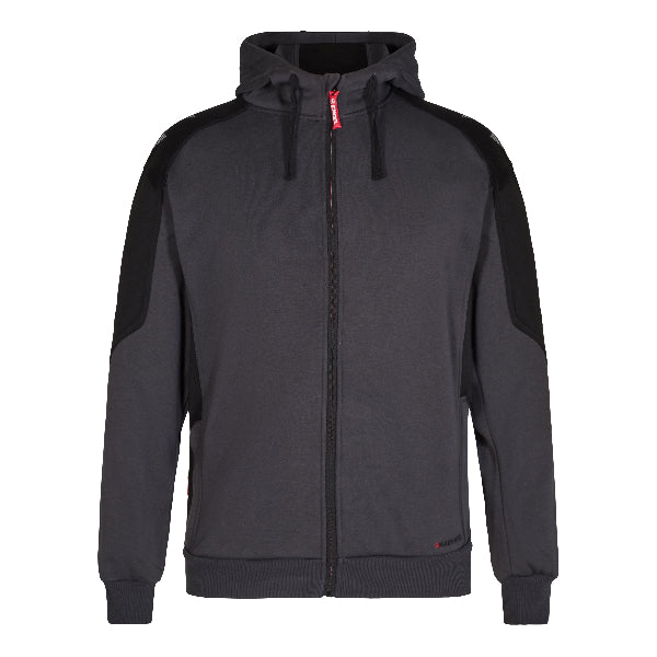 Gray hoodie with black sleeves on a white background.