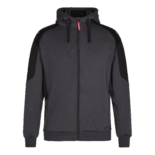 Gray hoodie with black sleeves on a white background.