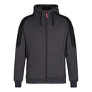 Gray hoodie with black sleeves on a white background.