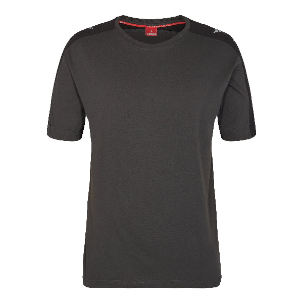 A black t-shirt with red detailing on the shoulders and a small red tag on the collar.