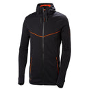 Black Helly Hansen hoodie with orange accents on a white background